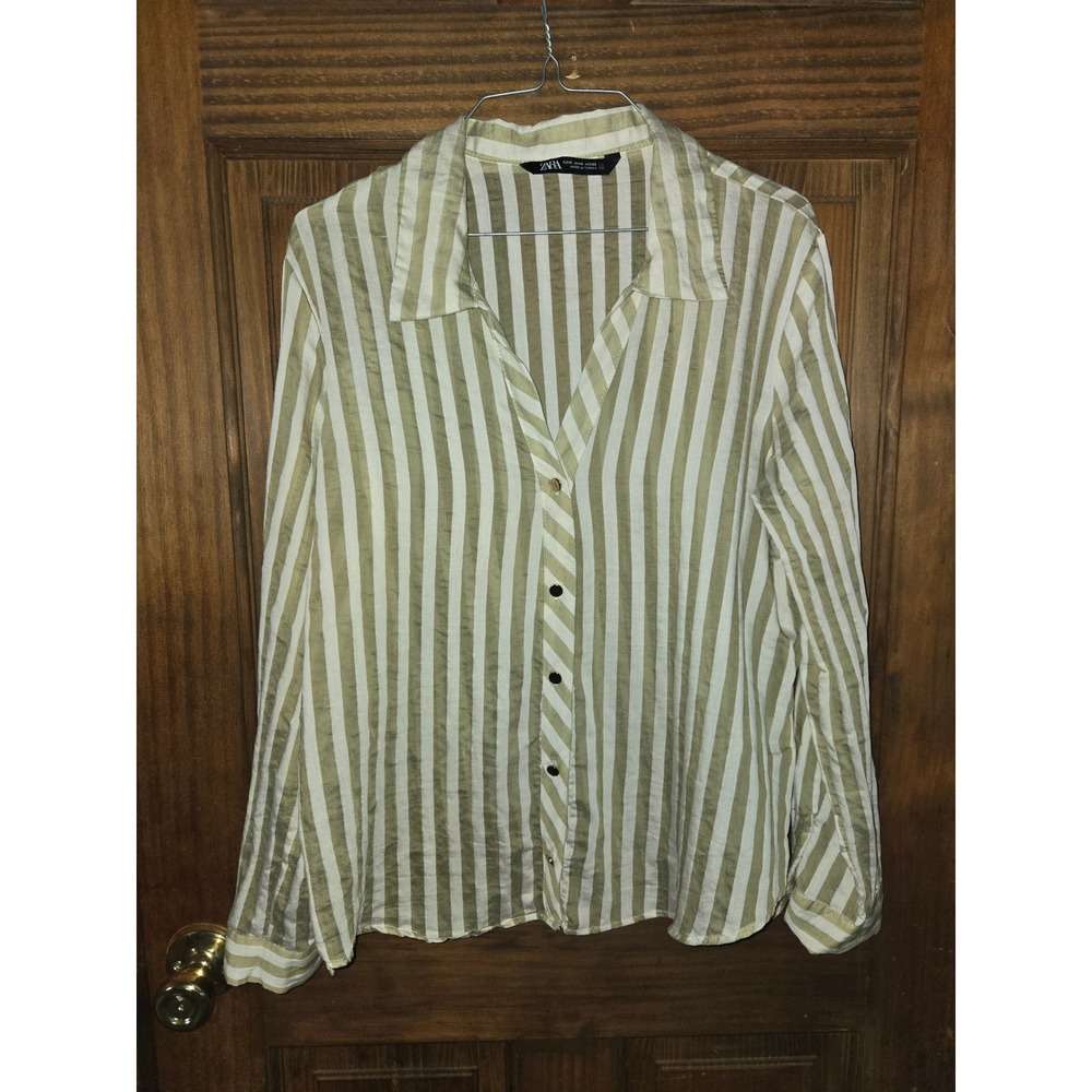 Zara Womens Striped Button Down Shirt Olive Green Cream Long Sleeve Size Medium